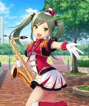 1girl :d blue_sky boots brick_road building cloud day dot_nose epaulettes flower flower_bed from_side game_cg gloves green_eyes green_hair hat holding holding_instrument holding_saxophone instrument knee_boots lamppost long_hair looking_at_viewer marching_band midriff_peek mini_hat mini_shako_cap nagae_futaba official_art open_mouth outdoors outstretched_arm print_hat railing reaching reaching_towards_viewer red_boots red_hat saxophone shako_cap short_sleeves sidelocks skirt sky smile solo stairs standing standing_on_one_leg star_(symbol) star_print third-party_source toji_no_miko toji_no_miko:_kizamishi_issen_no_tomoshibi tree twintails twisted_torso white_gloves white_skirt yellow_flower