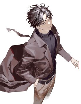 1boy absurdres black_pants black_shirt brown_pants chamuring closed_mouth facial_mark forehead_mark grey_hair hashtag-only_commentary highres lie_huo_jiao_chou long_sleeves looking_at_viewer male_focus mole mole_under_eye pants shirt short_hair simple_background solo white_background xuan_ji