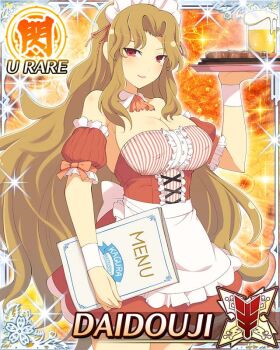 1girl alcohol alternate_costume apron beer blonde_hair border breasts card_(medium) character_name cleavage daidouji_(senran_kagura) dress enmaided food frilled_apron frills game_cg holding holding_menu holding_tray large_breasts long_hair looking_at_viewer maid maid_apron maid_headdress menu mole mole_under_eye official_art parted_bangs red_dress red_eyes senran_kagura senran_kagura_new_wave smile solo steak tray waist_apron waitress wavy_mouth