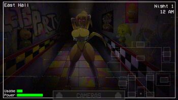 1girl animatronic arm_behind_back arms_behind_head arms_up ass bathroom blonde_hair bottomless breasts camera chica chicken_girl cleavage clock completely_nude elbow_gloves english_text five_nights_at_freddy's five_nights_in_anime:_after_hours_(fangame) five_nights_in_anime_(fangame) full_body gameplay_mechanics gloves glowing glowing_eyes hallway highres huge_ass huge_breasts large_breasts midriff no_pants non-web_source nude open_mouth orange_shoes pink_eyes pink_thong ponytail shiny_skin shoes smile socks solo spray_paint static tail undressing video_game white_gloves white_socks