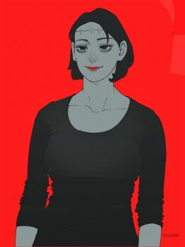 Rule 34 | 1girl, abigail shapiro, absurdres, black hair, black shirt, breasts, colored skin, drawink, grey skin, highres, itadori kaori, jujutsu kaisen, kenjaku, large breasts, lipstick, looking at viewer, makeup, photo-referenced, real life, red background, red lips, scar, scar on face, scar on forehead, shirt, short hair, smile, solo, stitched forehead, upper body