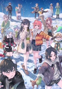 Rule 34 | 6+boys, 6+girls, absurdres, ahoge, aran sweater, beanie, black-framed eyewear, black eyes, black gloves, black hair, black hoodie, black jacket, black shoes, black skirt, blonde hair, blunt bangs, brother and sister, brown hair, brown shoes, bucket, cable knit, coat, commentary, dog, drawstring, ebina hina, everyone, gloves, green eyes, green gloves, green jacket, green scarf, grey hair, hair ornament, hairclip, hat, hayama hayato, highres, hikigaya hachiman, hikigaya komachi, hiratsuka shizuka, holding, holding shovel, holding snowboard, hood, hoodie, isshiki iroha, jacket, kawasaki keika, kawasaki saki, kneeling, long hair, looking at viewer, medium hair, mittens, miura yumiko, multiple boys, multiple girls, official artist extra, orange jacket, parted bangs, pink gloves, pink hair, plaid clothes, plaid scarf, ponkan 8, red scarf, scarf, shoes, short hair, shovel, siblings, sisters, skirt, smile, snowball, snowboard, snowing, snowman, socks, standing, striped clothes, striped scarf, sweater, symbol-only commentary, teacher and student, thighhighs, tobe kakeru, totsuka saika, tree, vertical-striped clothes, vertical-striped scarf, very long hair, white scarf, white socks, white thighhighs, winter, x hair ornament, yahari ore no seishun lovecome wa machigatteiru., yellow gloves, yuigahama yui, yukinoshita haruno, yukinoshita yukino, zaimokuza yoshiteru