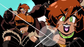 Rule 34 | 1girl, absurdres, acorn pendant, animal ears, belt, black gloves, black thighhighs, breasts, brown hair, brown jacket, brown shorts, buck teeth, clenched hand, commentary, crop top, deputy rust, english commentary, fingerless gloves, fur trim, gigantic breasts, gloves, green eyes, highres, jacket, jewelry, lens flare, marvel, marvel rivals, midriff, navel, necklace, one eye closed, orange shirt, shirt, shorts, squirrel ears, squirrel girl, squirrel girl (marvel), squirrel tail, tail, teeth, thighhighs, ttgl eyecatch, zettai ryouiki