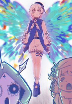 1other 2girls :o bai_weizi_lingzi beret black_hat butterfly_wings commentary_request crossed_ankles floating flower full_body hair_ornament hat highres hikami_meruru hood hood_up insect_wings long_sleeves looking_at_viewer mahou_shoujo_no_majo_saiban mask multicolored_hair multiple_girls narehate_(mahou_shoujo_no_majo_saiban) o-ring o-ring_thigh_strap open_mouth parted_lips pink_eyes pink_hair pointing sakuraba_ema shoes short_hair shorts socks solo_focus spoilers surprised thigh_strap white_flower white_hair wings witch_(manosaba) x_hair_ornament