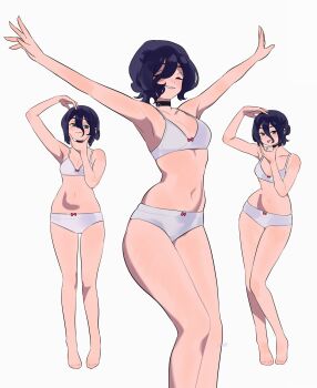 1girl barefoot black_choker bra chainsaw_man choker dancing green_eyes hair_between_eyes hashtag-only_commentary highres multiple_views navel panties purple_hair reze_(chainsaw_man) ryusei_hashida smile tongue tongue_out underwear white_background white_bra white_panties