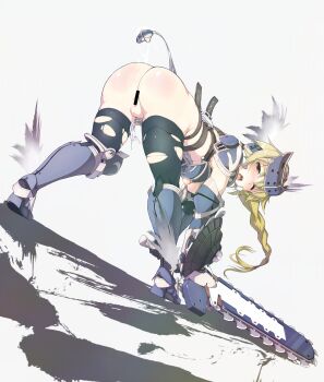 10s 1girl absurdres again alternate_hair_color armor ass bent_over black_thighhighs blonde_hair blush boots censored female_focus from_behind highres long_hair looking_back mirim one_eye_closed open_mouth pussy queen&#039;s_blade queen&#039;s_blade_rebellion shield solo standing sword thighhighs torn_clothes weapon wince wink