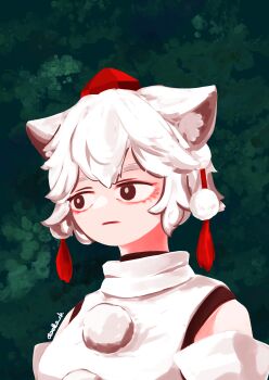 1girl absurdres animal_ears ataokka bare_shoulders black_eyes closed_mouth commentary_request detached_sleeves expressionless hair_between_eyes hat highres inubashiri_momiji looking_to_the_side pom_pom_(clothes) shirt short_hair sleeveless sleeveless_shirt solo tokin_hat touhou turtleneck twitter_username upper_body white_hair white_shirt wolf_ears wolf_girl