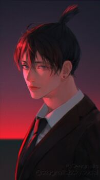 Rule 34 | 1boy, black hair, black jacket, black necktie, blue eyes, chainsaw man, closed mouth, collared shirt, commentary, earrings, english commentary, hair between eyes, hayakawa aki, highres, jacket, jewelry, male focus, necktie, piercing, ponytail, seagnalis, shirt, solo, stud earrings, suit jacket, twitter username, upper body, white shirt, wing collar
