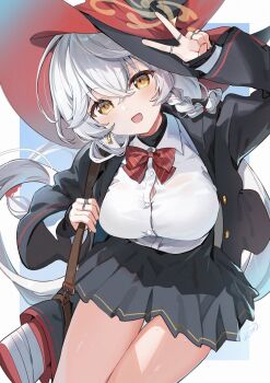 1girl black_jacket black_skirt blue_archive blush bow bowtie braid breasts brown_halo button_gap commentary earrings eri_(blue_archive) hair_between_eyes halo hat highres jacket jewelry kita_(kitairoha) large_breasts long_hair long_sleeves looking_at_viewer miniskirt multiple_rings open_clothes open_jacket open_mouth pleated_skirt red_bow red_bowtie ring shirt side_halo simple_background skirt smile solo striped_bow striped_bowtie striped_clothes thigh_gap thighs tilted_halo v white_hair white_shirt witch_hat