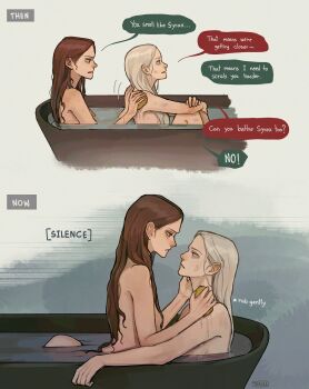2girls a_song_of_ice_and_fire alicent_hightower bathtub brown_hair closed_mouth commentary english_commentary english_text eye_contact hand_on_another&#039;s_neck highres long_hair looking_at_another multiple_girls nude parted_lips partially_submerged rhaenyra_targaryen same-sex_bathing shared_bathing sitting sitting_on_lap sitting_on_person smile speech_bubble tcn_tancha washing_another wet wet_hair white_hair yuri