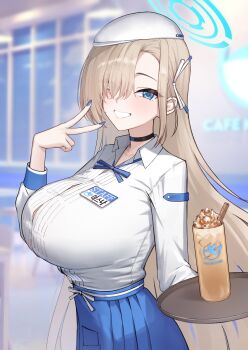 1girl absurdres alternate_costume aoi_riko asuna_(blue_archive) asymmetrical_bangs black_choker blonde_hair blue_archive blue_eyes blue_nails blue_ribbon blue_skirt blurry blurry_background blush breasts button_gap choker commentary employee_uniform fingernails hair_over_one_eye halo hat highres holding holding_tray korean_text large_breasts long_hair looking_at_viewer nail_polish name_tag neck_ribbon open_collar ribbon shirt shirt_tucked_in skirt smile solo straight_hair translated tray upper_body v very_long_hair white_hat white_shirt