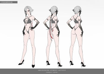 1girl absurdres arlecchino_(genshin_impact) bare_legs bare_shoulders black_shoes full_body genshin_impact grey_hair hand_on_own_hip high_heels highleg highleg_panties highres low_ponytail multicolored_hair multiple_views nababa panties ponytail reference_sheet shoes solo thong underwear underwear_only