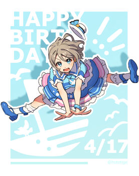 Rule 34 | 1girl, absurdres, armlet, artist name, bird, birthday, blue background, blue eyes, blush, commentary request, dated, dress, earrings, english text, frilled dress, frilled skirt, frills, grey hair, hand up, happy birthday, hat, high heels, highres, hotechige, jewelry, jumping, love live!, love live! sunshine!!, official alternate costume, official art, open mouth, seagull, ship, short hair, simple background, skirt, smile, socks, split, thighs, watanabe you, watercraft, wavy hair, white background