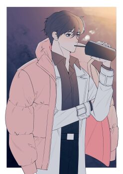 Rule 34 | 1boy, black hair, black shirt, border, breath, coat, collared shirt, cowboy shot, cup, drink, drinking straw, hand on own arm, highres, holding, holding cup, imgeun, kim dokja, omniscient reader's viewpoint, outside border, pink coat, shirt, short hair, white border, white coat, winter clothes, winter coat