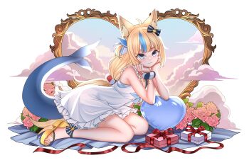 Rule 34 | 1girl, absurdres, animal ears, blonde hair, blue bow, blue eyes, blue streaks, bow, cat ears, closed mouth, commentary, dress, fins, fish girl, fish tail, hair bow, head rest, highres, indie virtual youtuber, long hair, looking at viewer, low twintails, multicolored hair, one side up, sameko saba, sameko saba (1st costume), sandals, shinraizuku, solo, streaked hair, symbol-only commentary, tail, twintails, very long hair, virtual youtuber, white dress