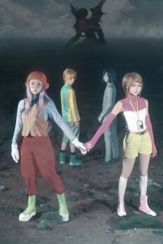 Rule 34 | anotherkaikki, beach, cosplay, cosplay photo, dagomon, digimon, glowing, glowing eyes, hat, highres, ichijouji ken, ichijouji ken (cosplay), inoue miyako, inoue miyako (cosplay), long hair, looking at viewer, nochino, ocean, photo (medium), purple hair, real life, red eyes, short hair, takaishi takeru, takaishi takeru (cosplay), wings, yagami hikari, yagami hikari (cosplay), yinlicherry