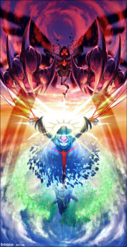 1boy arms_up backlighting bad_id bad_pixiv_id blue_hair capcom claws closed_eyes copy_x_(mega_man) cyber_elf_x_(mega_man) dated digital_dissolve epic final_boss foreshortening gloves halo highres long_sleeves mega_man_(series) mega_man_zero_(series) mega_man_zero_1 monster mri necktie puppet_strings red_eyes red_necktie restrained white_gloves wings x_(cyberelf) x_(mega_man)