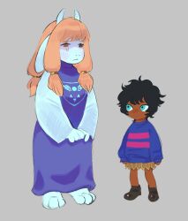 1boy 1girl animal_ears black_hair black_shoes blonde_hair blue_eyes blue_sweater brown_eyes commentary cosplay dark-skinned_male dark_skin delta_rune_(symbol) double_horizontal_stripe dress dungeon_meshi english_commentary frisk_(undertale) frisk_(undertale)_(cosplay) frown goat_ears goat_girl goat_horns highres horns kabru long_hair low-tied_sidelocks lyrikmumare milsiril mother_and_son purple_dress shoes sidelocks sweater toriel toriel_(cosplay) undertale utdr_(toby_fox)