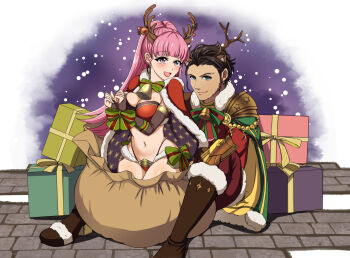 1boy 1girl alternate_costume antlers breasts brown_hair cape christmas claude_von_riegan claude_von_riegan_(timeskip) cleavage dark-skinned_male dark_skin fake_antlers fire_emblem fire_emblem:_three_houses gift hilda_valentine_goneril horns large_breasts long_hair male_focus matching_hair/eyes nintendo pink_eyes pink_hair red_cape short_hair sideburns tara_(szzj7733) tharja_(&quot;normal_girl&quot;)_(fire_emblem) tharja_(fire_emblem) thighs