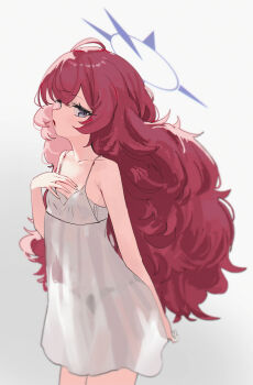 1girl absurdres alternate_costume arm_behind_back bare_arms bare_shoulders blue_archive blue_eyes blue_halo breasts commentary_request dan_nako dress fluffy_hair from_side halo highres iroha_(blue_archive) looking_at_viewer open_mouth panties_visible_through_clothes red_hair sleeveless sleeveless_dress small_breasts solo white_dress