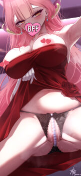 1girl absurdres aru_(blue_archive) aru_(dress)_(blue_archive) bare_shoulders black_panties blue_archive blush breasts cellphone censored cleavage commentary_request dated demon_girl demon_horns dress dress_flower earrings elbow_gloves flower gloves halo high_heels highres holding holding_phone horns indoors jewelry large_breasts long_hair looking_at_viewer necklace official_alternate_costume orange_eyes orange_halo panties panties_around_leg panties_around_one_ankle panties_around_one_leg panty_pull pearl_thong phone pink_hair pussy_juice pussy_juice_trail red_dress red_flower red_rose rose selfie signature smartphone solo standing standing_on_one_leg strapless strapless_dress thighs underwear white_gloves z_shitei_ero