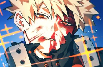 Rule 34 | 1boy, bakugou katsuki, black shirt, blonde hair, blood, blood on face, blue background, boku no hero academia, chacha (ochaco gnsn), commentary request, highres, injury, looking at viewer, parted lips, red eyes, shirt, short hair, solo, sparkle, spiked hair, sweat, torn clothes
