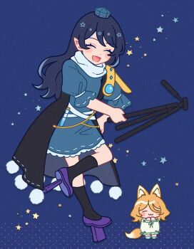 2girls :3 :d =_= ^_^ animal_ears black_socks blonde_hair blue_background blue_dress blue_hair blue_hat closed_eyes commentary dress fox_ears fox_girl fox_tail geta hair_between_eyes hat holding holding_tripod iizunamaru_megumu kneehighs kudamaki_tsukasa long_hair mozukuzu_(manukedori) multiple_girls open_mouth pointy_ears pom_pom_(clothes) puffy_short_sleeves puffy_sleeves purple_shoes romper shoes short_hair short_sleeves smile socks standing standing_on_one_leg star_(symbol) tail tengu-geta test_tube tokin_hat touhou tripod white_romper
