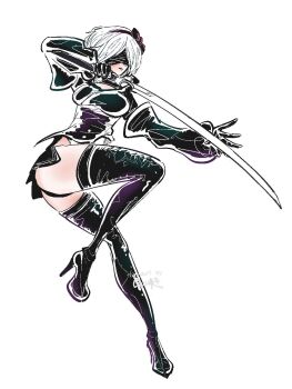 1girl 2b_(nier:automata) black_boots black_dress black_gloves black_hairband blindfold boots commentary dress gloves hairband high_heel_boots high_heels highres holding holding_sword holding_weapon mekoyuki nier:automata nier_(series) short_hair simple_background solo sword thigh_boots weapon white_background white_hair