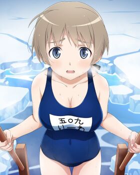 1girl blue_eyes blue_one-piece_swimsuit blush breasts brown_hair cleavage collarbone covered_navel ice large_breasts looking_at_viewer lynette_bishop one-piece_swimsuit open_mouth outdoors solo strike_witches swimsuit world_witches_series