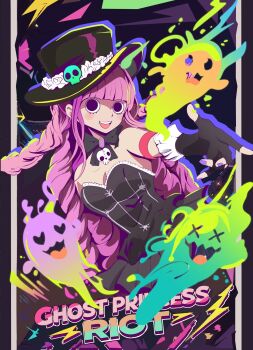 Rule 34 | 1girl, bare shoulders, black background, black bow, black bowtie, black eyes, black hat, bow, bowtie, breasts, commentary request, cowboy shot, dress, drill hair, fingerless gloves, frilled dress, frills, ghost, gloves, hat, highres, laika2slip, long hair, looking at viewer, lower eyelashes only, one piece, perona, pink hair, reaching, reaching towards viewer, sidelocks, skull ornament, small breasts, strapless, strapless dress, teeth, top hat, upper teeth only