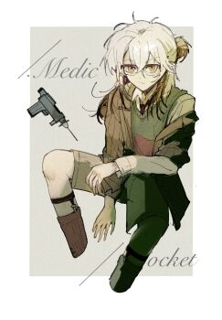 Rule 34 | 1other, :/, androgynous, border, brown hair, brown jacket, brown shorts, character name, colored tips, cropped legs, glasses, green vest, grey background, highres, jacket, legwear garter, medicine pocket, medicine pocket (the cosmos photographer), multicolored hair, official alternate costume, one side up, outside border, procreate (medium), red socks, reverse:1999, shorts, shucai dawang, single off shoulder, socks, vest, white border, white hair, yellow eyes