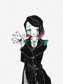 Rule 34 | 1boy, aqua eyes, arm behind back, asymmetrical bangs, black hair, black jacket, buttons, colored tips, commentary request, cowboy shot, demon boy, enmu (kimetsu no yaiba), facial mark, furrowed brow, hand up, jacket, kimetsu no yaiba, long sleeves, looking at viewer, male focus, medium hair, misplaced mouth, multicolored hair, open mouth, pants, pinstripe pants, pinstripe pattern, purple nails, sanpaku, smile, solo, standing, straight-on, suit jacket, symbol-shaped pupils, tareme, tears facial mark, teeth, trap, tsubame (lo 1101), undershirt, veins, veiny hands, white background, white pants