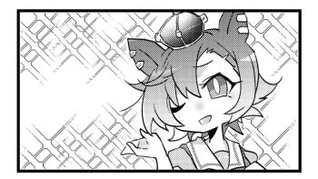 1girl ;d animal_ears beer_hsk chibi commentary_request crown greyscale hair_between_eyes hand_up horse_ears mini_crown monochrome one_eye_closed open_mouth puffy_short_sleeves puffy_sleeves school_uniform shirt short_sleeves simple_background smile solo sparkle_background t.m._opera_o_(umamusume) tracen_school_uniform umamusume upper_body white_background