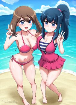 2girls beach bikini breasts canadiananiguy curvy dawn_(pokemon) full_body highres large_breasts looking_at_viewer may_(pokemon) multiple_girls nintendo pokemon pokemon:_arceus_and_the_jewel_of_life pokemon:_lucario_and_the_mystery_of_mew pokemon_(anime) pokemon_dppt_(anime) pokemon_rse_(anime) shiny_skin swimsuit thong thong_bikini v wide_hips