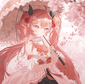 1girl absurdres ahoge blush cherry_blossoms cherry_hair_ornament closed_mouth collarbone detached_sleeves dress flower flower-shaped_pupils food-themed_hair_ornament hair_between_eyes hair_flower hair_ornament hatsune_miku highres holding holding_umbrella long_hair looking_at_viewer pink_flower pink_petals poem1025 sakura_miku see-through_clothes see-through_sleeves short_sleeves sleeveless sleeveless_dress smile symbol-shaped_pupils twintails umbrella very_long_hair vocaloid