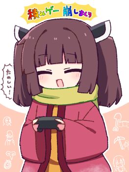 1girl :d ^_^ blunt_bangs blush brown_hair closed_eyes commentary controller dated_commentary game_controller headgear hibino_000 highres holding holding_controller holding_game_controller japanese_clothes kimono long_sleeves open_mouth red_kimono scarf short_hair sidelocks smile solo touhoku_kiritan translation_request twintails upper_body voiceroid wide_sleeves yellow_scarf