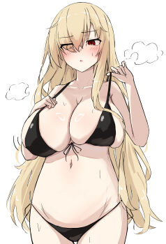 1girl 9-nine- :o absurdres alternate_breast_size_(larger) alternate_costume bikini black_bikini blonde_hair blush breast_suppress breasts cleavage collarbone cowboy_shot eyes_visible_through_hair front-tie_bikini_top front-tie_top ghost_(9-nine-) hair_over_breasts hair_over_one_eye hands_up highres huge_breasts long_bangs long_hair looking_at_viewer mole mole_on_collarbone motion_lines navel open_mouth puff_of_air pulling_own_clothes red_eyes sidelocks simple_background solo stomach strap_pull sweat swimsuit takoyaki032002 thigh_gap very_long_hair white_background