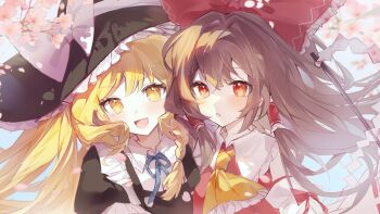 2girls apron ascot blonde_hair blush bow braid brown_hair detached_sleeves dress frills hair_bow hair_tubes hakurei_reimu hat hat_bow highres kirisame_marisa long_hair multiple_girls open_mouth red_bow red_eyes ribbon shirt short_hair short_sleeves single_braid skirt smile tenten_(tianbixia) touhou witch_hat yellow_eyes