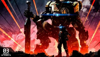 Rule 34 | 1boy, assault visor, blue eyes, blue visor, broadsword (titanfall 2), bt-7274, commentary, embers, english commentary, explosion, full body, glowing, glowing eye, helmet, holding, holding sword, holding weapon, jack cooper, juan richard feliz, mecha, mecha pilot suit, on one knee, one-eyed, planted, planted sword, planted weapon, robot, science fiction, smoke, standing, sword, titan (titanfall), titanfall (series), titanfall 2, vanguard (titanfall 2), weapon