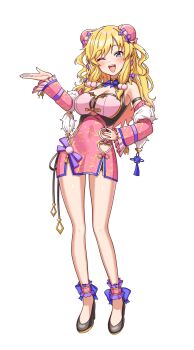 Rule 34 | 1girl, bare shoulders, black shoes, blonde hair, blue eyes, blush, braid, breasts, cleavage, commentary request, detached sleeves, double bun, dress, frilled sleeves, frills, fur-trimmed sleeves, fur trim, hair bun, highres, idolmaster, idolmaster cinderella girls, long hair, medium breasts, niban (puka 0507), ohtsuki yui, one eye closed, open mouth, pink dress, shoes, smile, solo, thighs, twin braids, wavy hair