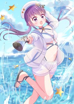 1girl :d aiming aiming_at_viewer alternate_breast_size_(smaller) animal_print arm_up beret bikini bikini_top_only blush breasts bubble bullet_hole cloud coat collarbone criss-cross_halter floating_hair front-tie_bikini_top front-tie_top furrowed_brow gochuumon_wa_usagi_desu_ka? grey_sandals gun halterneck hand_on_own_head handgun haruiroha hat highres holding holding_gun holding_weapon hood hoodie kirara_fantasia laser_pointer leg_up long_hair looking_at_viewer midriff navel necktie no_hairclip official_alternate_costume open_mouth outdoors pocket purple_eyes purple_hair rabbit_print sandals shiny_skin ship&#039;s_wheel short_shorts shorts sidelocks small_breasts smile solo splashing star_(symbol) swimsuit tedeza_rize water_world weapon white_bikini white_coat white_hoodie white_necktie white_shorts