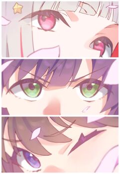 3girls absurdres border brown_hair column_lineup commentary_request diagonal_bangs eye_focus fujishima_megumi green_eyes grey_hair hasu_no_daisankaku highres link!_like!_love_live! looking_at_viewer love_live! multicolored_hair multiple_girls one_eye_closed otomune_kozue pink_eyes purple_eyes purple_hair red_hair streaked_hair sunkeun virtual_youtuber white_border yugiri_tsuzuri