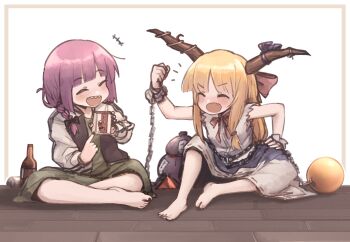 +++ 2girls absurdres alcohol_carton ball_and_chain_restraint barefoot black_jacket black_nails blonde_hair blush bocchi_the_rock! bow braid brown_horns closed_eyes commentary_request crossover dress drink_carton drunk fang gourd green_dress hair_bow highres hiroi_kikuri holding holding_drink_carton horn_ornament horn_ribbon horns ibuki_suika jacket long_hair long_sleeves m1saki_1 multicolored_jacket multiple_girls oni open_mouth pointing purple_hair purple_skirt red_bow ribbon ribbon-trimmed_skirt ribbon_trim sharp_teeth single_braid sitting skirt smile teeth toenails toes touhou trait_connection two-tone_jacket white_jacket