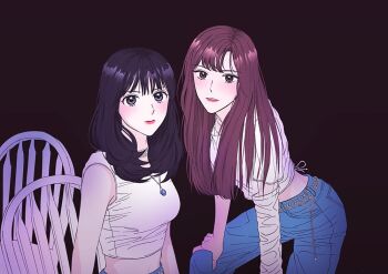 2girls blunt_bangs brown_hair commentary denim gfriend hands_on_own_legs jeans jewelry long_hair looking_at_viewer midriff multiple_girls necklace pants shirt simple_background sitting sleeveless symbol-only_commentary t-shirt yerin_(gfriend) yuju_(gfriend) yuringi