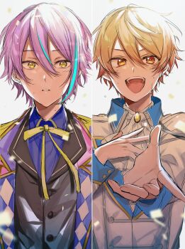 2boys absurdres argyle_clothes argyle_coat ascot blue_coat blue_jacket blue_shirt brooch buttons chanms coat collared_jacket collared_shirt commentary double-parted_bangs expressionless glint gradient_eyes gradient_hair grey_jacket hair_between_eyes hand_on_own_chest highres jacket jewelry kamishiro_rui lapels long_sleeves looking_at_viewer male_focus multicolored_coat multicolored_eyes multicolored_hair multicolored_jacket multiple_boys open_clothes open_coat open_mouth orange_eyes orange_hair parted_lips pink_coat project_sekai purple_hair ribbon shirt short_hair simple_background single_stripe sketch sleeve_cuffs split_screen straight-on streaked_hair striped sweat tears teeth tenma_tsukasa toggles two-tone_hair two-tone_jacket two-tone_shirt upper_body upper_teeth_only white_ascot white_background white_coat white_shirt yellow_coat yellow_ribbon yellow_trim