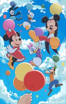 2girls 4boys animal_ears balloon cloud daisy_duck disney dog_boy donald_duck duck_boy duck_girl full_body goofy happy highres holding holding_balloon mickey_mouse_&amp;_friends minnie_mouse mouse_ears mouse_girl mouse_tail multiple_boys multiple_girls oswald_the_lucky_rabbit rabbit_boy sky tail takatmaorange