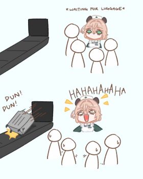 1girl animal_ears apron bags_under_eyes brown_hair commentary english_commentary green_eyes hat highres indie_virtual_youtuber laughing medium_hair nimi_nightmare nimi_nightmare_(1st_costume) nurse_cap open_mouth rolling_suitcase sappysque side_ponytail suitcase tapir_ears virtual_youtuber