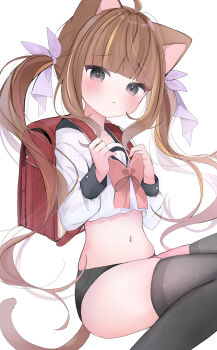 Rule 34 | 1girl, absurdres, animal ears, backpack, bag, black panties, black sailor collar, black thighhighs, blush, bow, bowtie, brown hair, cat ears, closed mouth, commentary request, crop top, flat chest, grey eyes, hair ribbon, highres, long hair, midriff, multicolored hair, navel, no pants, nocchi (r ws2l), original, panties, pink bow, pink bowtie, purple ribbon, randoseru, red bag, ribbon, sailor collar, school uniform, shirt, simple background, skindentation, solo, streaked hair, tail, thighhighs, twintails, underwear, white background, white shirt