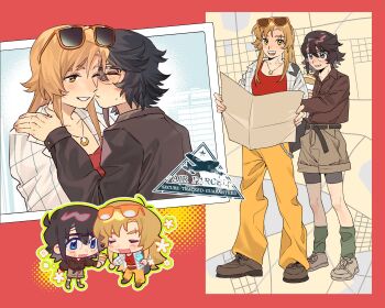 2girls absurdres blonde_hair blue_eyes blush brown_hair brown_shirt brown_shoes brown_shorts commentary eyewear_on_head glasses green_socks grey_shoes hashtag-only_commentary highres holding holding_map jewelry jiguang_haibao kiss kissing_cheek koishikawa_iko long_hair map medium_hair momijiyama_teru multiple_girls necklace open_mouth pants red_tank_top shirt shoes shorts shy_(series) smile socks standing sunglasses sweat tank_top white_shirt yellow_eyes yellow_pants yuri