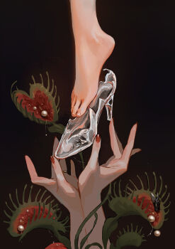 2girls absurdres bug close-up dark_background feet fly foot_focus gem glass_slipper hand_focus highres insect jewelry multiple_girls original pearl_(gemstone) plant reaching reaching_towards_another red_nails ring rora_(auroradiation) simple_background venus_flytrap vines